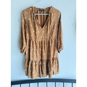 Madewell Tie-Neck Tiered Mini Dress Bloom Dot Warm Hickory Brown Sz M